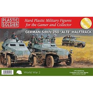 PLASTIC SOLDIER CO: 1/72 WW2 German SdKfz 250 "alte" Halftrack with Variants Kit (3 x 250 Halftrack and 27 crew figures)