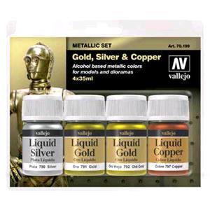 Vallejo Liquid Gold 4 colors set Alcohol-based Metallic Set - Gold (2), Silver & Copper 35 ml