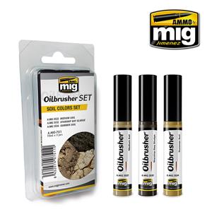 AMMO OF MIG: set di 3 OILBRUSHER per TERRENO (colore ad olio pre-diluito con pennello applicatore nel tappo)