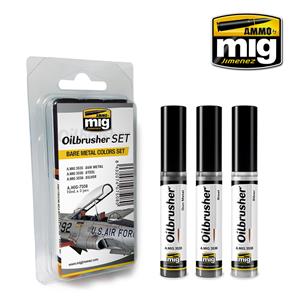 AMMO OF MIG: 3 x OILBRUSHER, BARE METAL COLORS SET