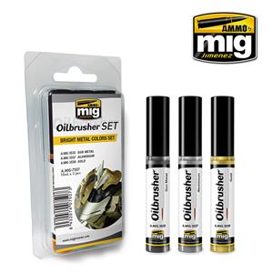 AMMO OF MIG: set di 3 OILBRUSHER per METALLO CHIARO (colore ad olio pre-diluito con pennello applicatore nel tappo)