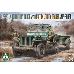 TAKOM MODEL: 1/35; U.S. Army 1/4 ton utility truck con carrello 1/4 ton e figura MP