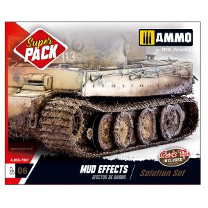 AMMO of MIG: MUD EFFECTS. SOLUTION SET - 2 Acrylic colors (17ml). 1 Oilbrushers (10ml). 4 Enamel Weathering Products (35ml). 1 Auxiliary Product (35ml). 3 Pigments (35ml)