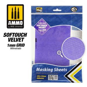 AMMO OF MIG: Softouch Velvet Masking Sheets 1mm Grid (x5 sheets, 290mm x 145mm, adhesive)