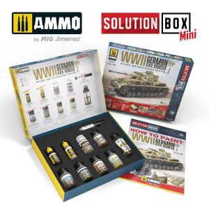 AMMO OF MIG: SOLUTION BOX MINI - WWII German D.A.K. Vehicles (2 jars 17mL, 6 jars 35mL & 1 jar 60mL & 1 jar 10mL. Solution Book included)