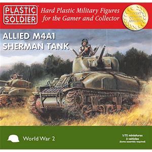 PLASTIC SOLDIER CO: 1/72nd Easy Assembly Sherman M4A1 75mm Tank; 3 vehicles in a box